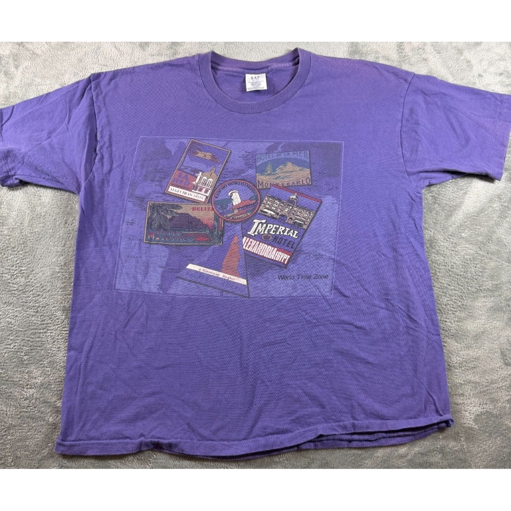 Vtg GAP Single Stitch World Time Zone Travel Graphic Tee Purple Made USA XL‎